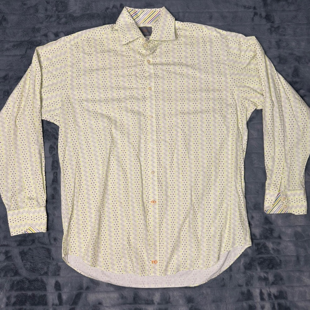 Thomas Dean Mens XL Geometric Floral Button Down Shirt Cotton Purple Green 6290